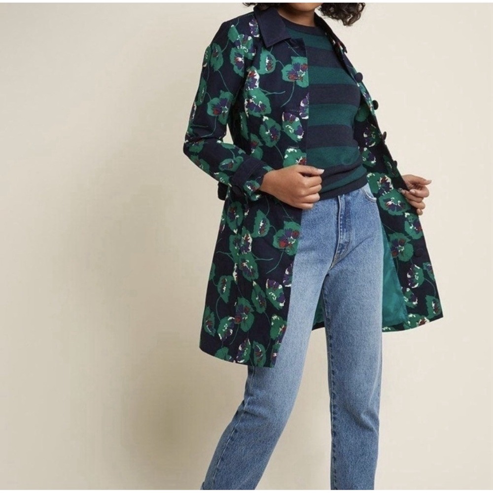 ModCloth Retro Delightful Directions Poppy Floral Trench Coat Button Up Size XL
